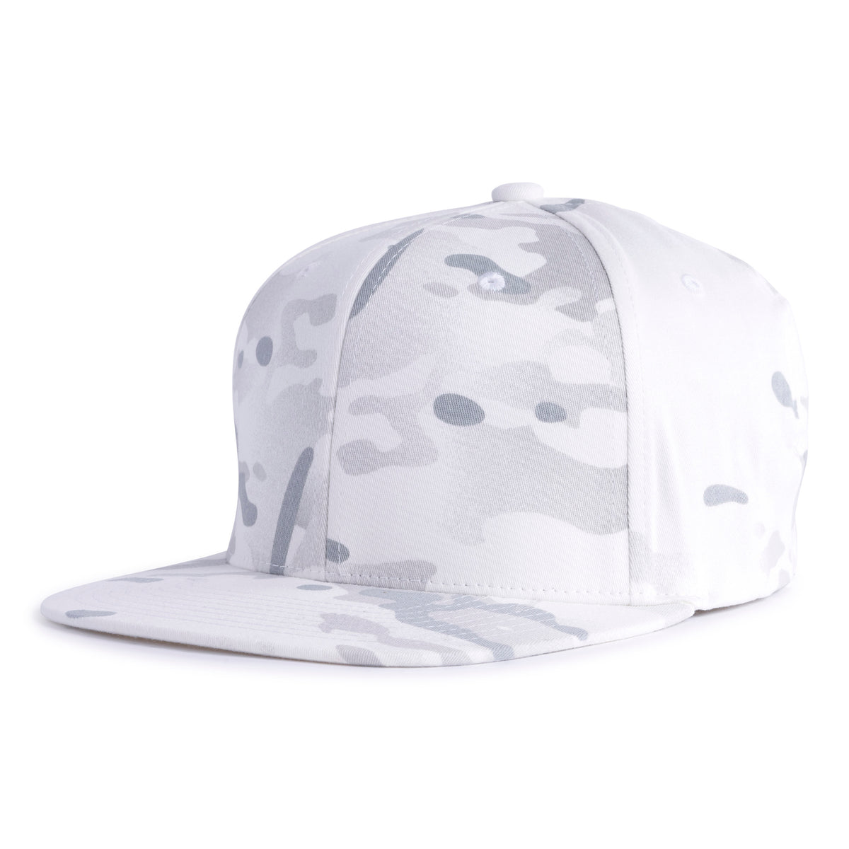 White camo flat bill trucker hat with 6-panels, structured mid/high crown, and a snapback closure from Tailgate Hats.