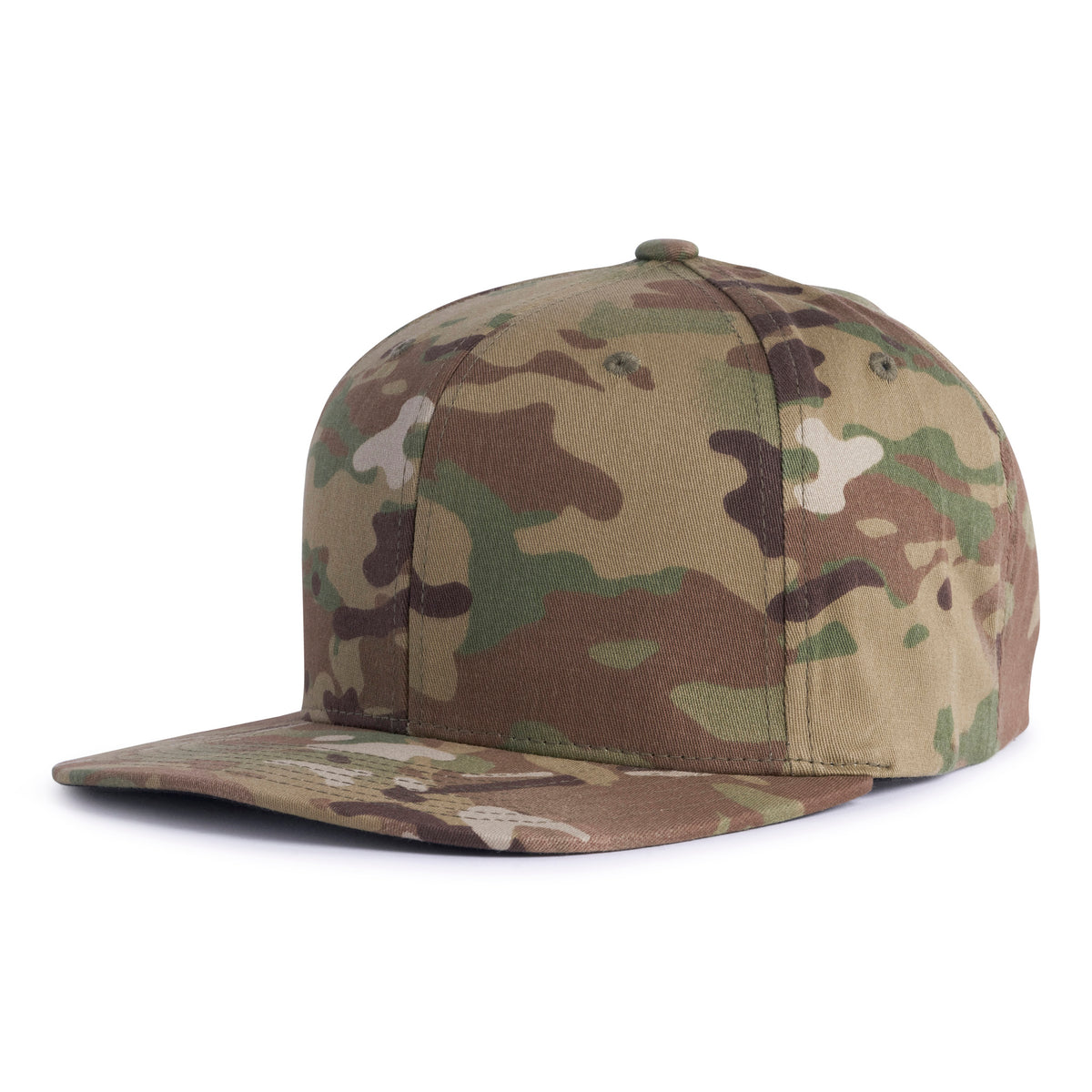 Tan camo flat bill trucker hat with 6-panels, structured mid/high crown, and a snapback closure from Tailgate Hats.