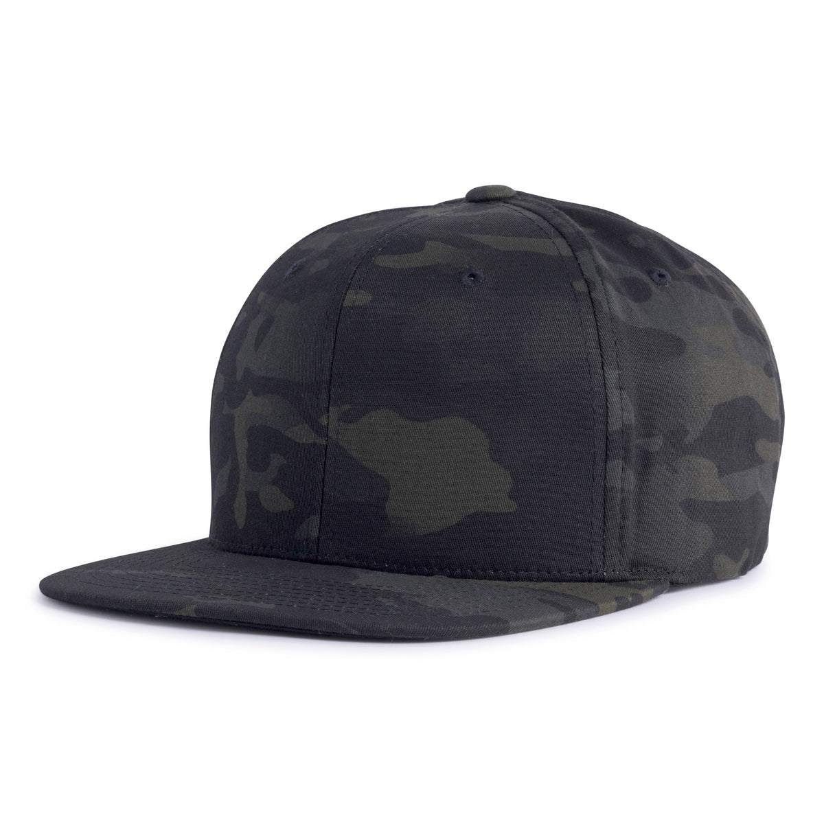 Black and dark green camo flat bill trucker hat with 6-panels, structured mid/high crown, and a snapback closure from Tailgate Hats.