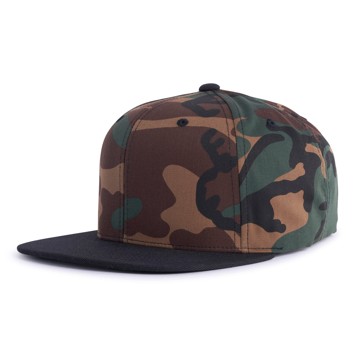 Classic camo trucker hat with a black flat bill, 6-panels, structured mid/high crown, and a snapback closure from Tailgate Hats.
