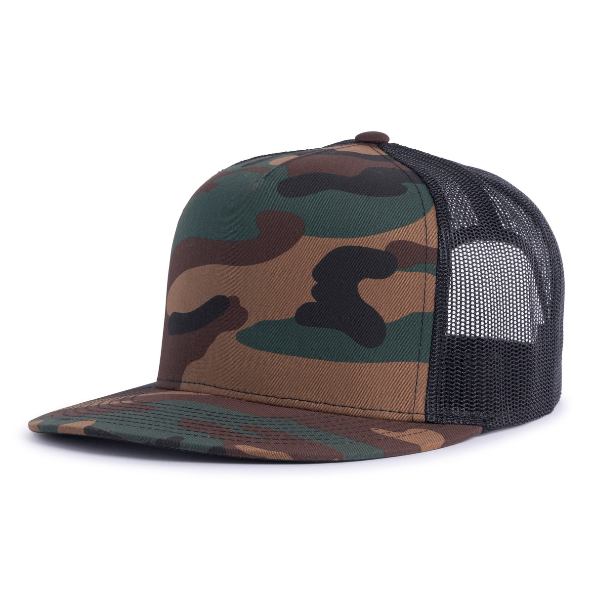 Classic brown and green camo trucker hat with a flat bill, 5-panels, structured high crown, black mesh back, and a snapback closure from Tailgate Hats.