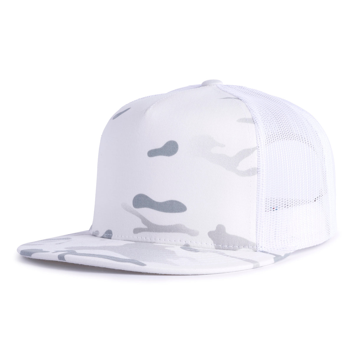 White grey trucker hat with a flat bill, 5-panels, structured high crown, white mesh back, and a snapback closure from Tailgate Hats.