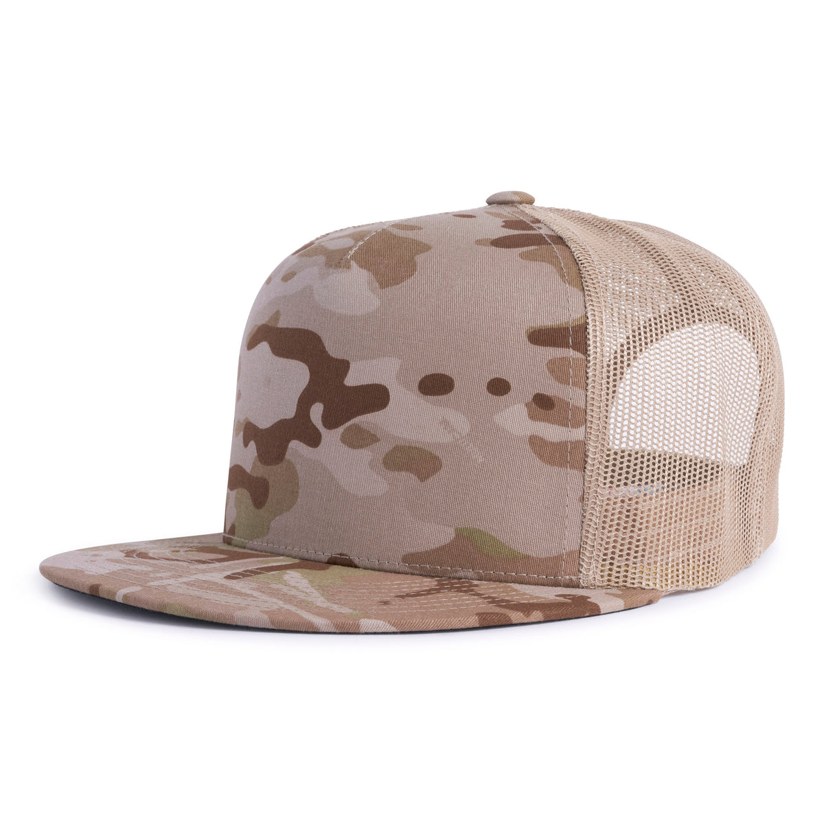 Tan, brown, and khaki camo trucker hat with a flat bill, 5-panels, structured high crown, tan mesh back, and a snapback closure from Tailgate Hats.