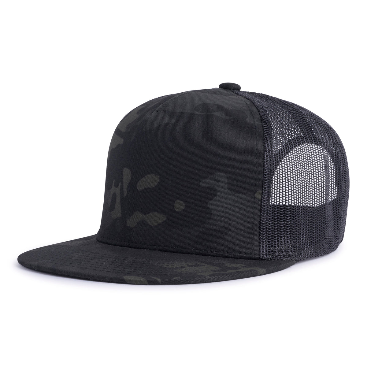 Black and dark grey camo trucker hat with a flat bill, 5-panels, structured high crown, black mesh back, and a snapback closure from Tailgate Hats.