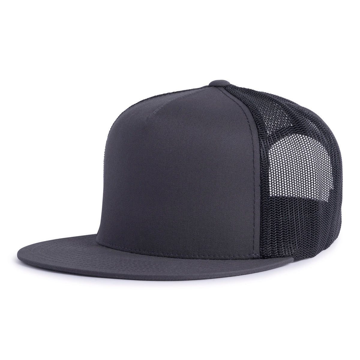 Classic charcoal grey trucker hat with a flat bill, 5-panels, structured high crown, black mesh back, and a snapback closure from Tailgate Hats.