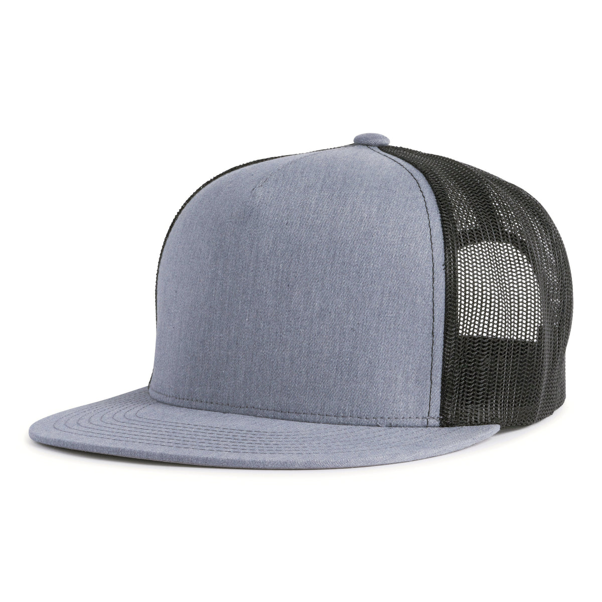 Heather grey trucker hat with a flat bill, 5-panels, structured high crown, black mesh back, and a snapback closure from Tailgate Hats.