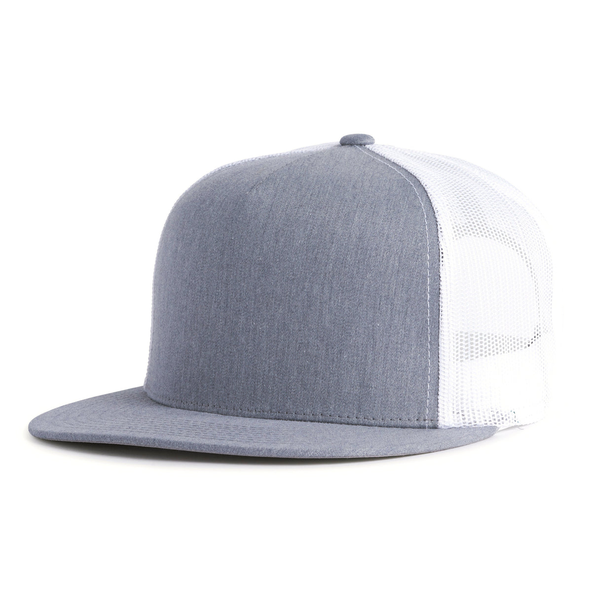 Heather grey trucker hat with a flat bill, 5-panels, structured high crown, white mesh back, and a snapback closure from Tailgate Hats.