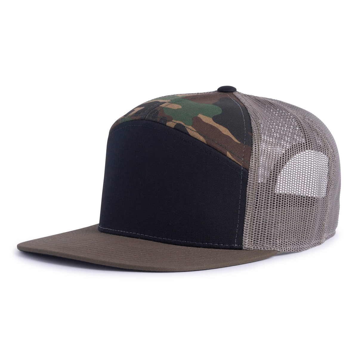 Black, loden green, and camo updated trucker hat with a flat bill, 7-panels, structured mid-high crown, grey mesh back, and a snapback closure from Tailgate Hats.