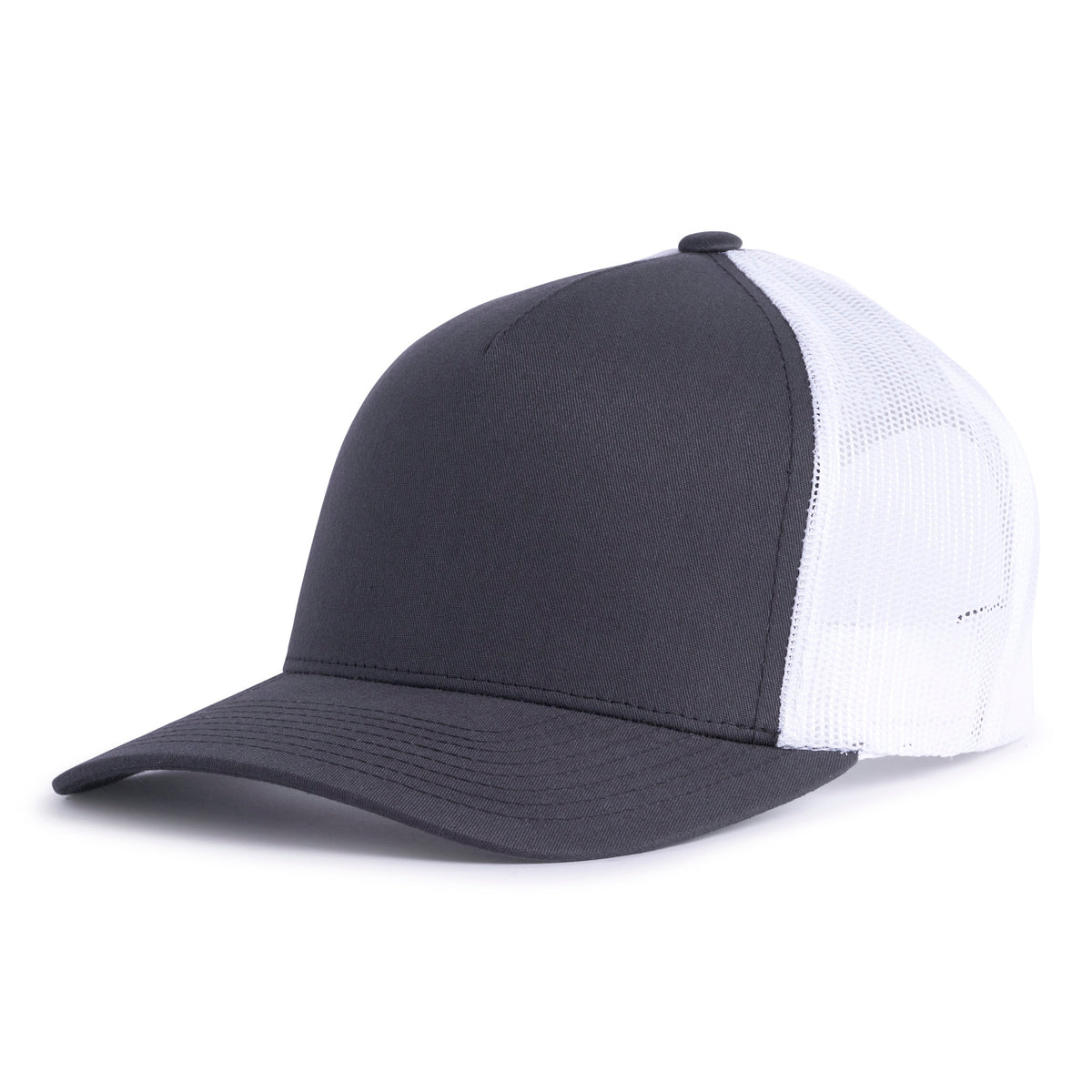 Charcoal grey trucker hat with a curved bill, 5-panels, structured mid-high crown, white mesh back, and a snapback closure from Tailgate Hats.