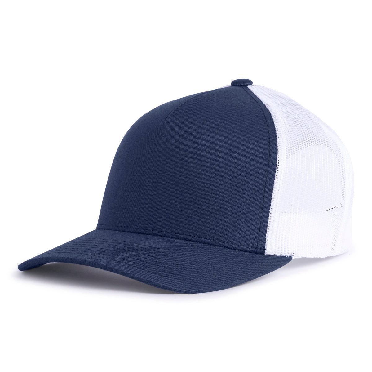 Navy blue trucker hat with a curved bill, 5-panels, structured mid-high crown, white mesh back, and a snapback closure from Tailgate Hats.