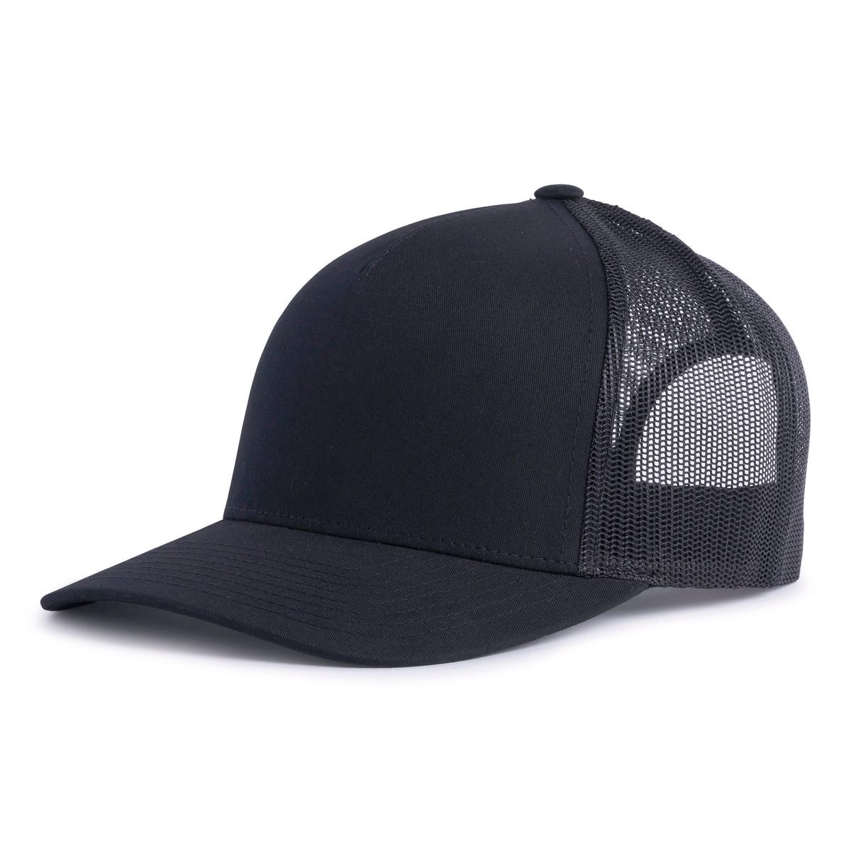 Black trucker hat with a curved bill, 5-panels, structured mid-high crown, black mesh back, and a snapback closure from Tailgate Hats.