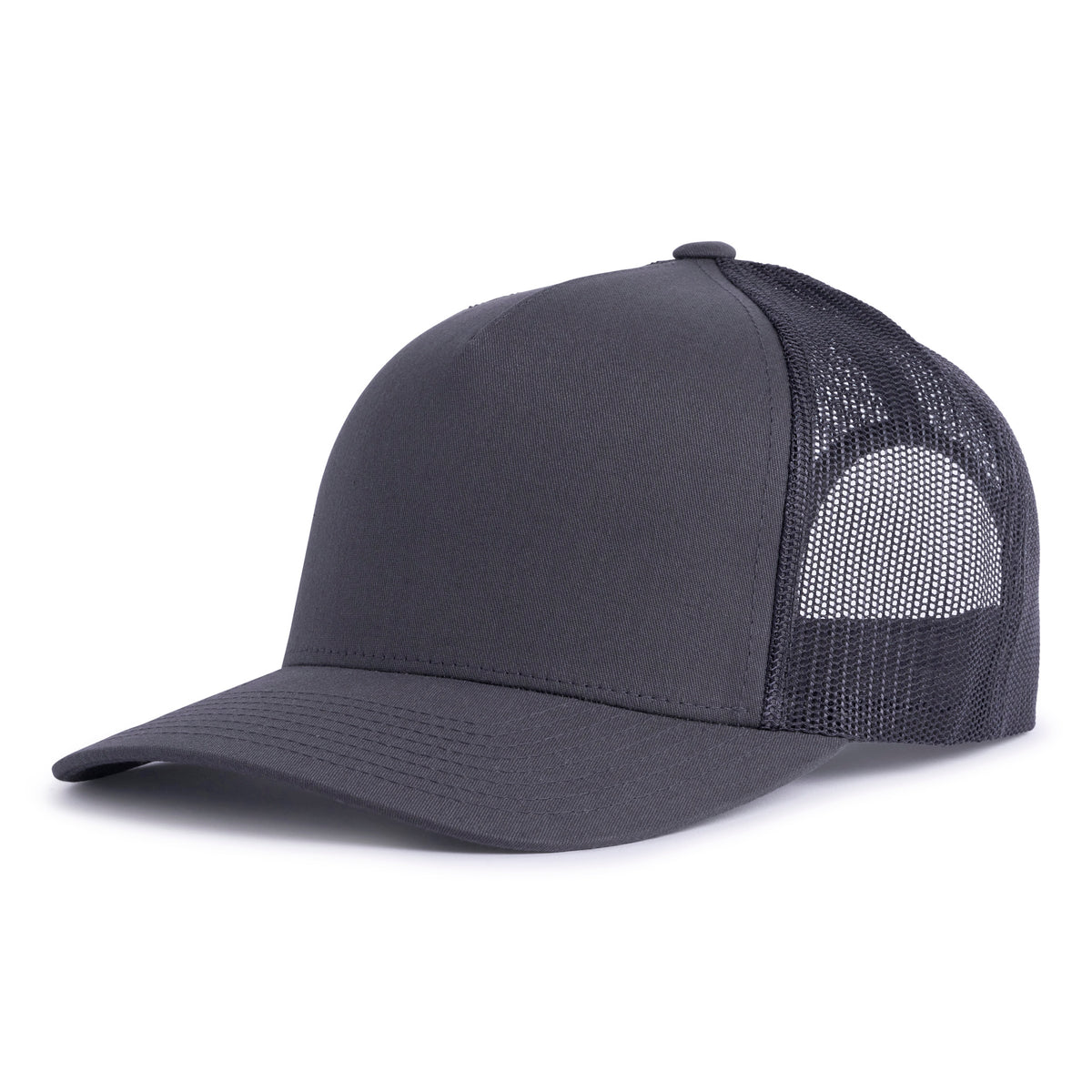 Charcoal grey trucker hat with a curved bill, 5-panels, structured mid-high crown, black mesh back, and a snapback closure from Tailgate Hats.